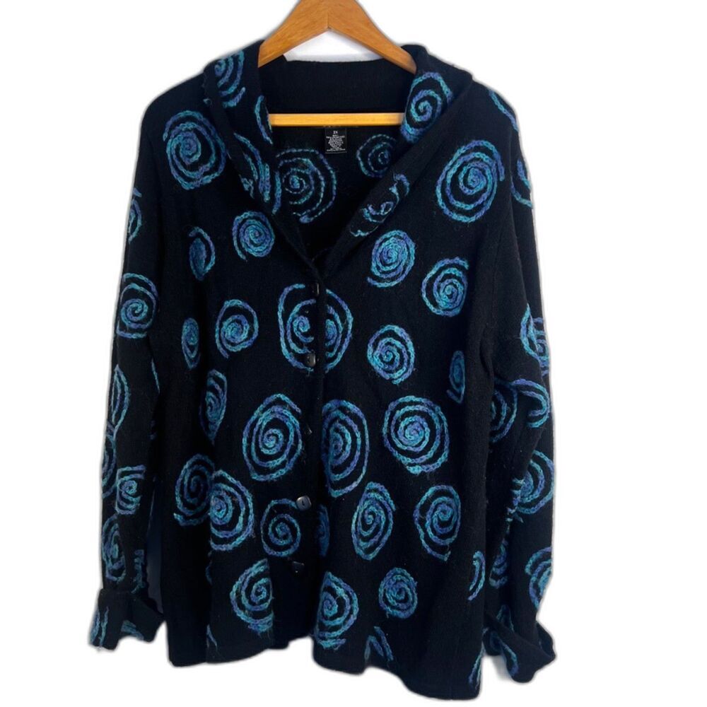 Sarah Spencer Lambswool Knit‎ Swirl Artsy Cardigan Sweater Black Blue Size 2X